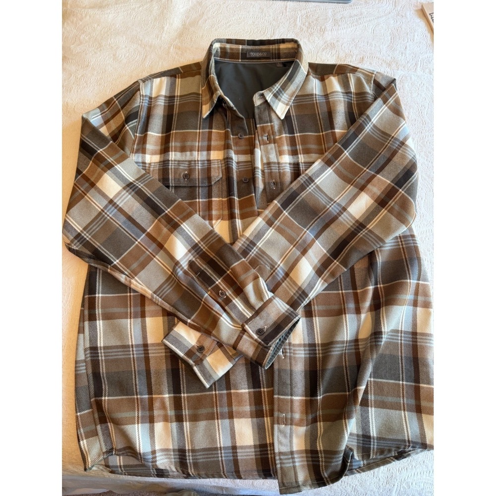 Toad&Co Mens Large Plaid Flannel Shirt Brown Blue Lined Long Sleeve Button Up